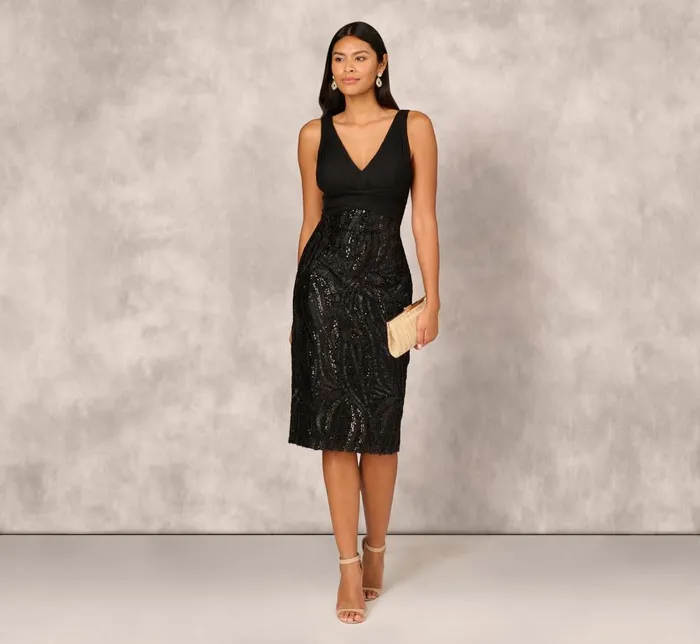 Adrianna Papell Wedding Guest Dresses Sleeveless Midi Dress With 3d Embroidered Skirt In Black 8211 Women