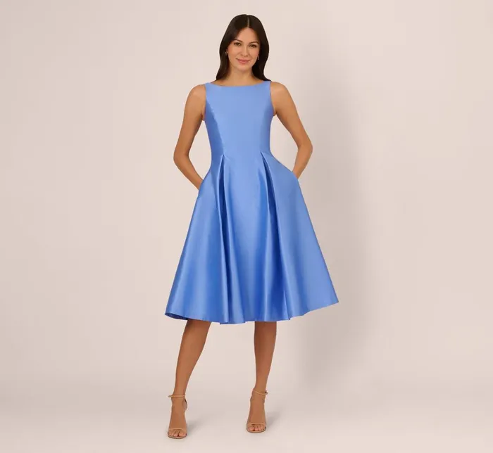 Adrianna Papell Wedding Guest Dresses Sleeveless Mikado Fit And Flare Midi Dress With VBack In Electric Ice 8211 Women