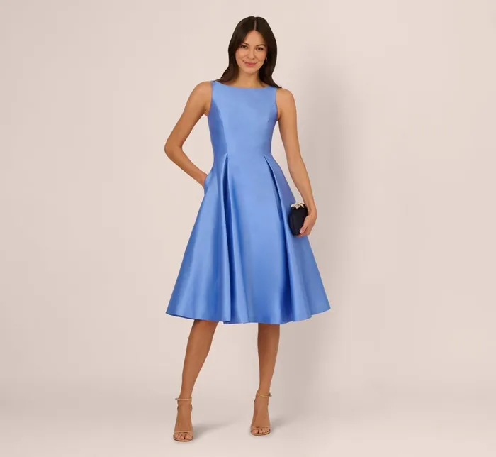 Adrianna Papell Wedding Guest Dresses Sleeveless Mikado Fit And Flare Midi Dress With VBack In Electric Ice 8211 Women