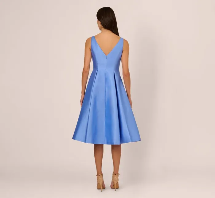 Adrianna Papell Wedding Guest Dresses Sleeveless Mikado Fit And Flare Midi Dress With VBack In Electric Ice 8211 Women