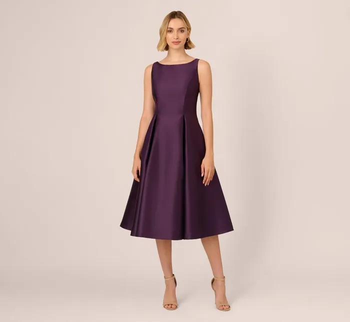 Adrianna Papell Wedding Guest Dresses Sleeveless Mikado Fit And Flare Midi Dress With VBack In Luxe Plum 8211 Women