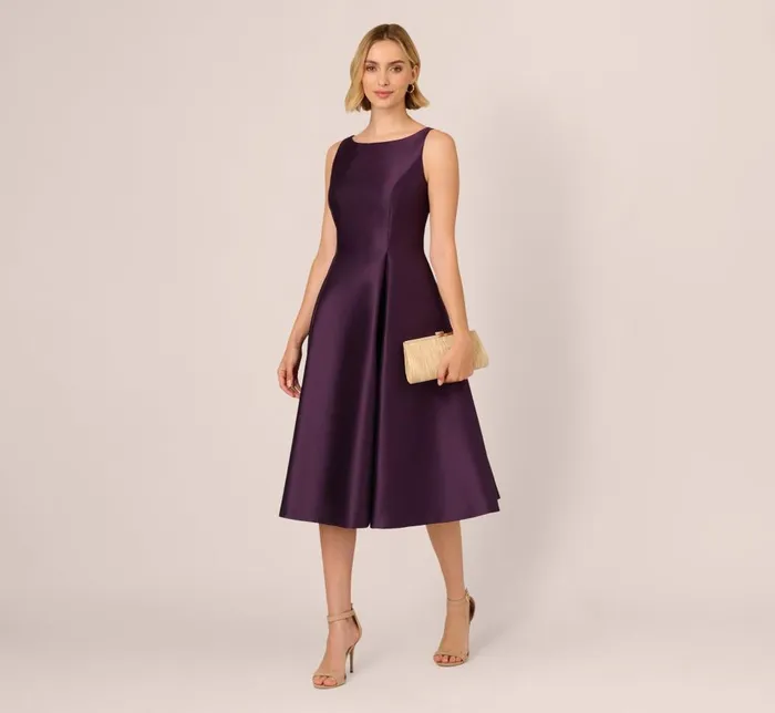 Adrianna Papell Wedding Guest Dresses Sleeveless Mikado Fit And Flare Midi Dress With VBack In Luxe Plum 8211 Women