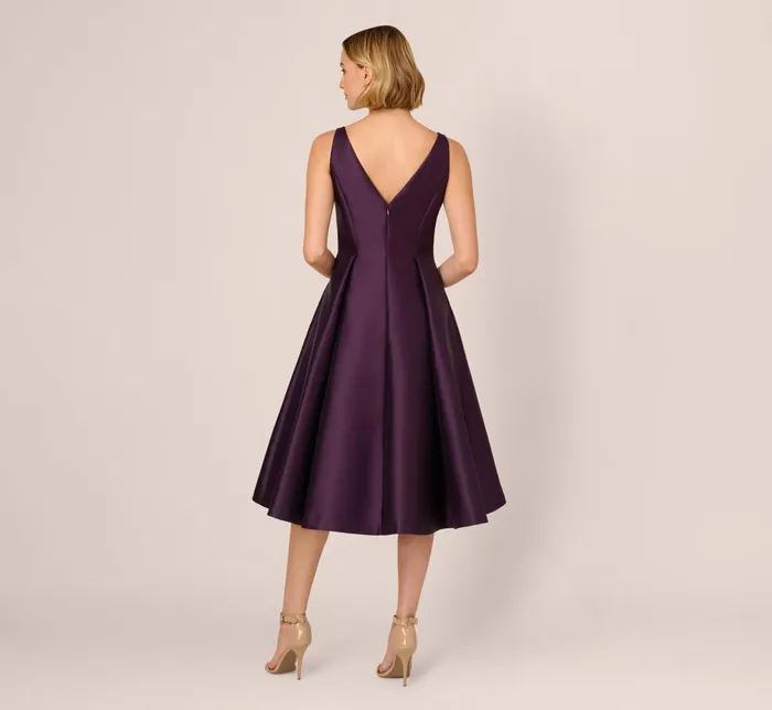 Adrianna Papell Wedding Guest Dresses Sleeveless Mikado Fit And Flare Midi Dress With VBack In Luxe Plum 8211 Women