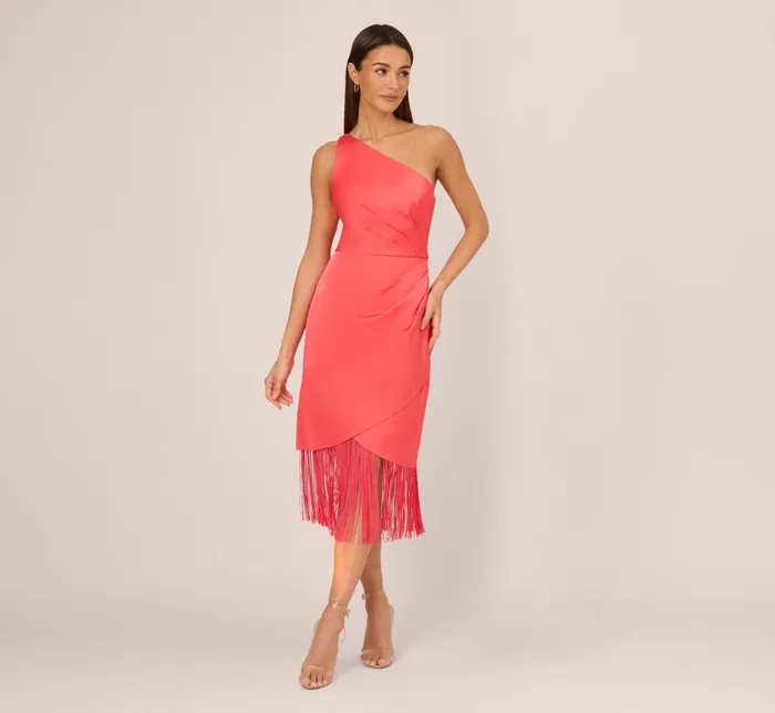 Adrianna Papell Wedding Guest Dresses Stretch Satin One Shoulder Midi Dress With Fringe Skirt In Spicy Coral 8211 Women