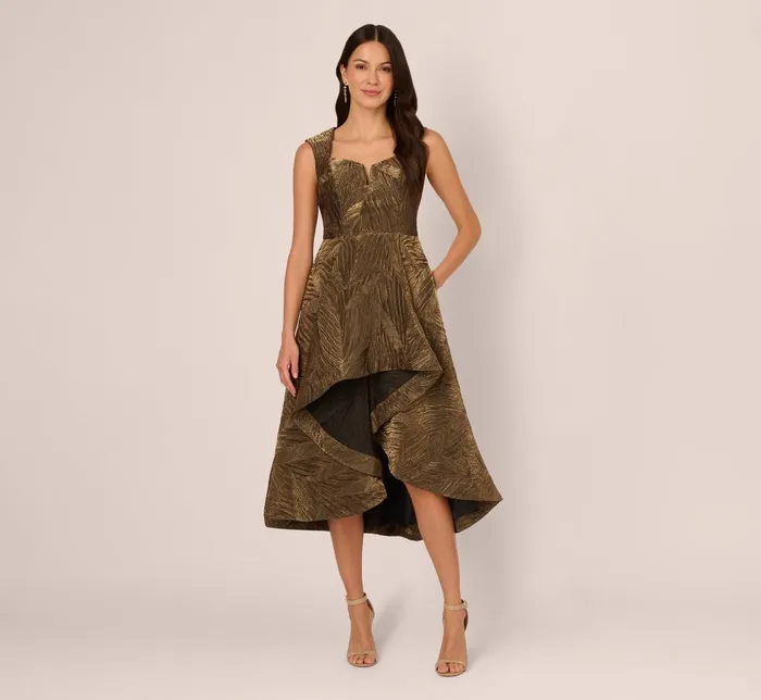 Adrianna Papell Wedding Guest Dresses Textured Jacquard High Low Dress With Notched Neck In Metallic Gold 8211 Women