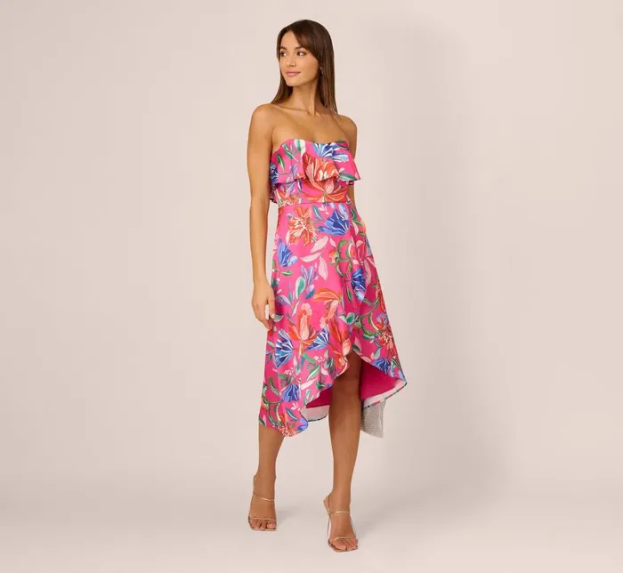 Adrianna Papell Wedding Guest Dresses Tropical Floral Sateen Strapless Midi Dress With Ruffle Accent In Pink Multi 8211 Women