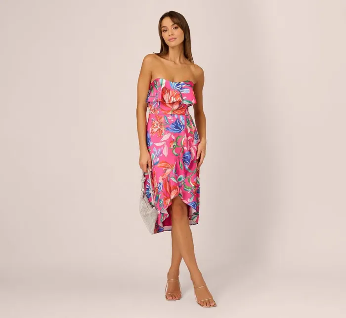 Adrianna Papell Wedding Guest Dresses Tropical Floral Sateen Strapless Midi Dress With Ruffle Accent In Pink Multi 8211 Women