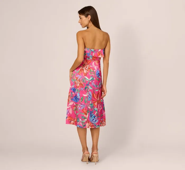 Adrianna Papell Wedding Guest Dresses Tropical Floral Sateen Strapless Midi Dress With Ruffle Accent In Pink Multi 8211 Women