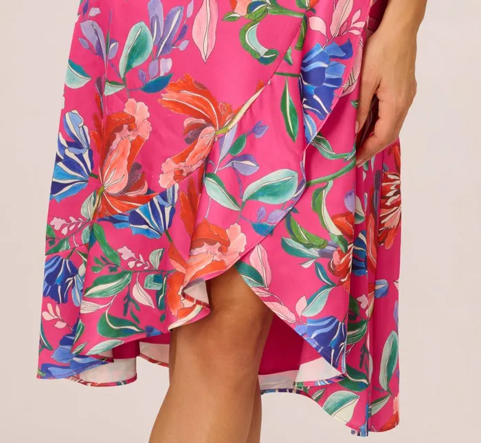 Adrianna Papell Wedding Guest Dresses Tropical Floral Sateen Strapless Midi Dress With Ruffle Accent In Pink Multi 8211 Women