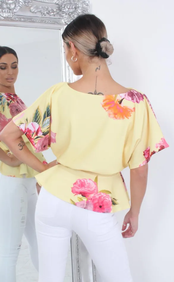 Alyssa Yellow Floral Batwing Peplum Top Women Missfiga Tops