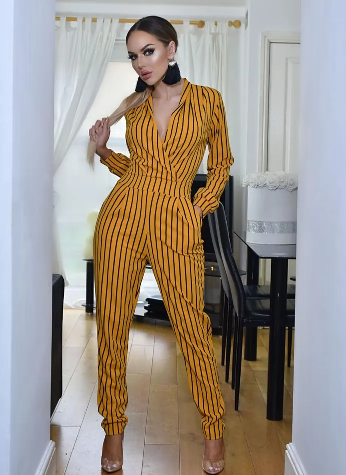 Anjela Mustard Pinstripe Tailored Wrap Jumpsuit Women Missfiga Jumpsuits