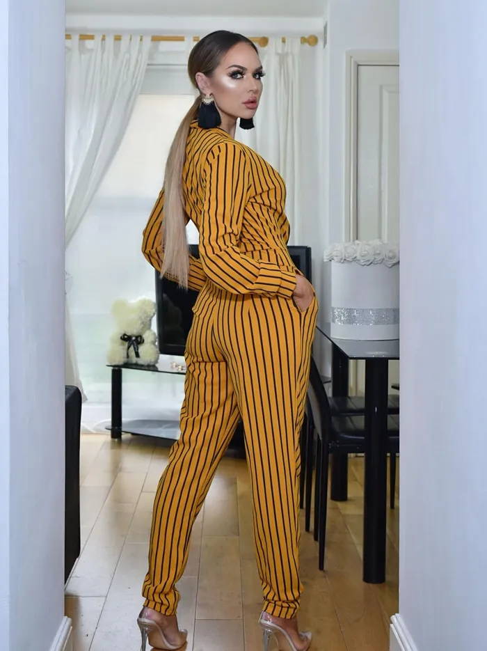 Anjela Mustard Pinstripe Tailored Wrap Jumpsuit Women Missfiga Jumpsuits Anjela Mustard Pinstripe Tailored Wrap Jumpsuit Women Missfiga Jumpsuits
