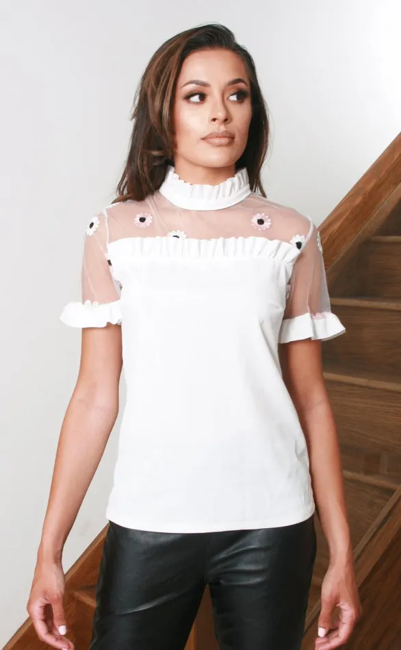 Charlotte Ivory Floral Mesh Yoke Long Sleeve Top Women Missfiga Tops