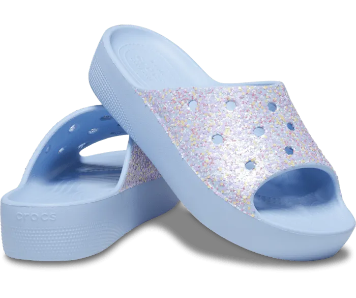 Classic Platform Glitter Slide Blue Calcite Multi Women Crocs Platforms 038 Wedges