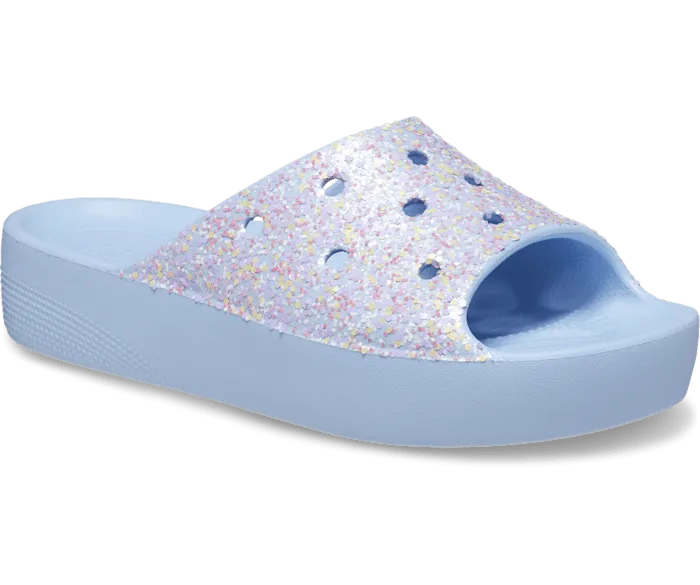 Classic Platform Glitter Slide Blue Calcite Multi Women Crocs Platforms 038 Wedges