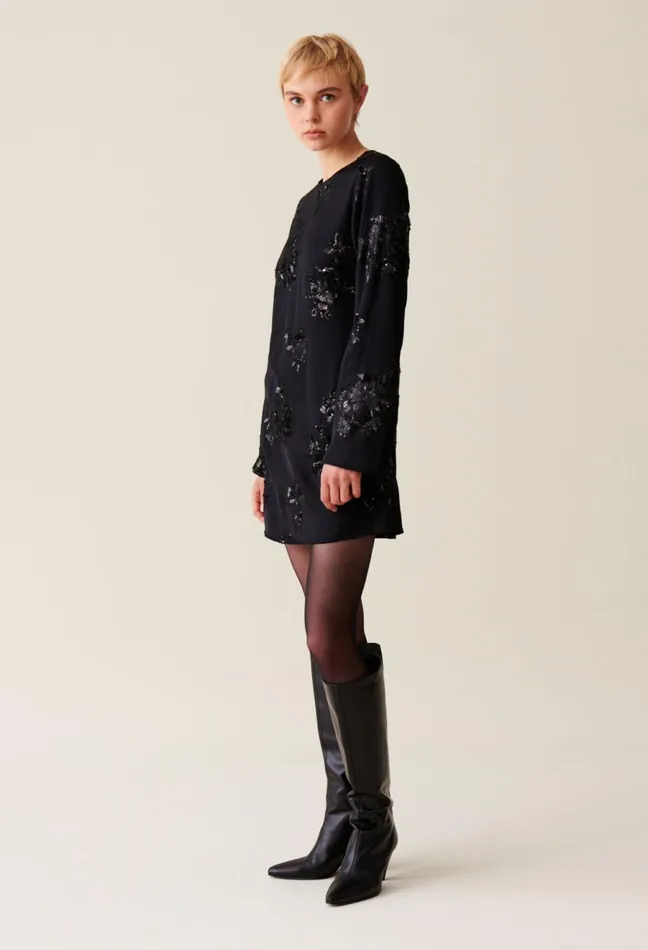 Claudie Pierlot Black Dress Embroidered Sequins Women Dresses Claudie Pierlot Black Dress Embroidered Sequins Women Dresses