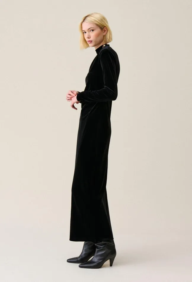 Claudie Pierlot Fitted Long Black Velvet Dress Women Dresses