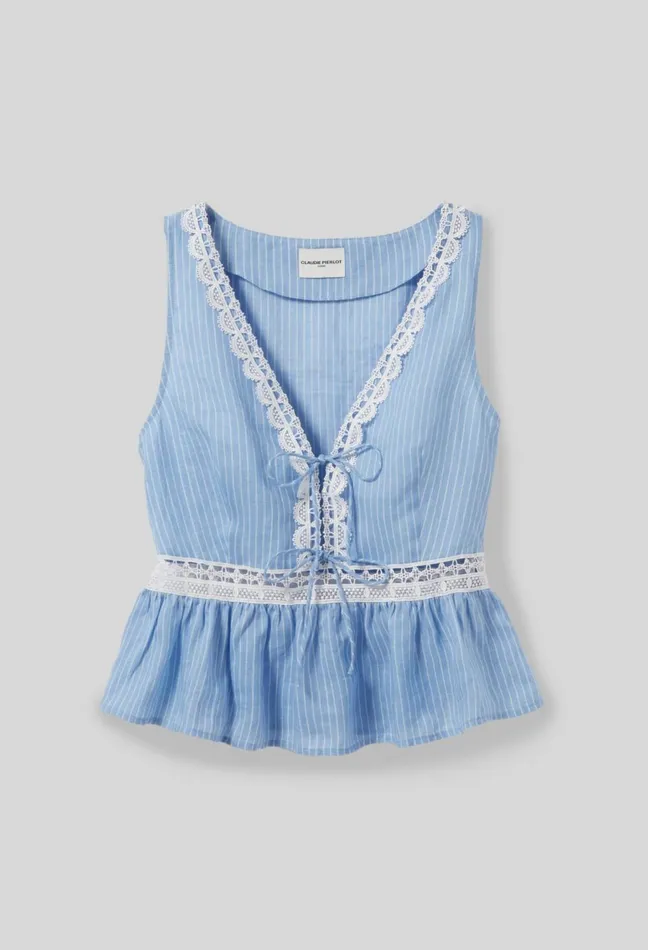 Claudie Pierlot Striped Ruffle Top Lace Detailing Dualcolor Women Tops And Shirts