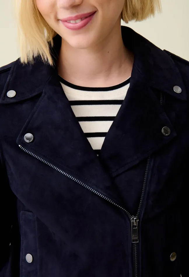 Claudie Pierlot Suede Leather Biker Jacket Navy Women Jackets Claudie Pierlot Suede Leather Biker Jacket Navy Women Jackets