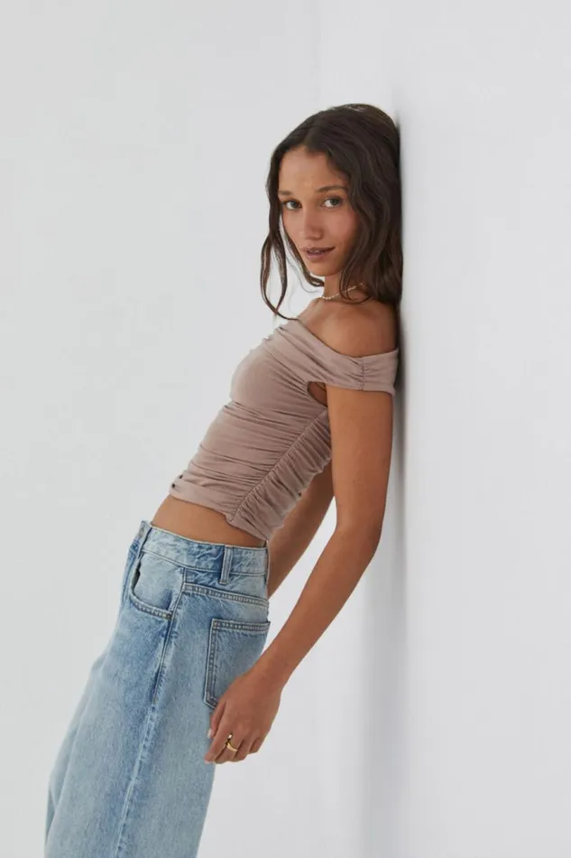 Clothing Supr Going Out Tops Soft Ruched Off The Shoulder Top Toffee Taupe