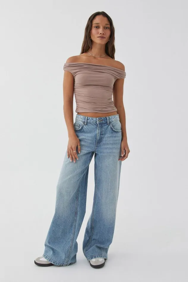 Clothing Supr Going Out Tops Soft Ruched Off The Shoulder Top Toffee Taupe