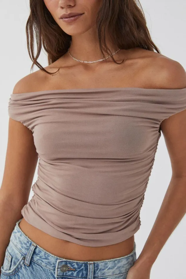 Clothing Supr Going Out Tops Soft Ruched Off The Shoulder Top Toffee Taupe