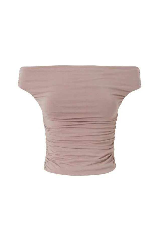 Clothing Supr Going Out Tops Soft Ruched Off The Shoulder Top Toffee Taupe