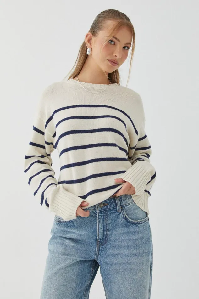 Clothing Supr Knitwear Zoey Crew Neck Jumper Bleached Beigevarsity Navy Stripe