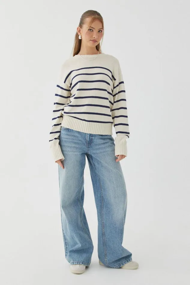 Clothing Supr Knitwear Zoey Crew Neck Jumper Bleached Beigevarsity Navy Stripe