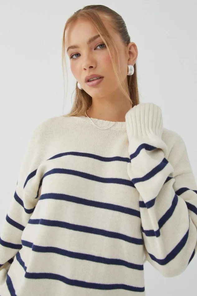 Clothing Supr Knitwear Zoey Crew Neck Jumper Bleached Beigevarsity Navy Stripe
