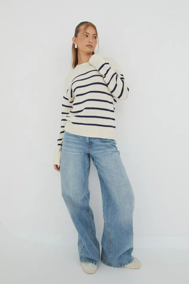 Clothing Supr Knitwear Zoey Crew Neck Jumper Bleached Beigevarsity Navy Stripe