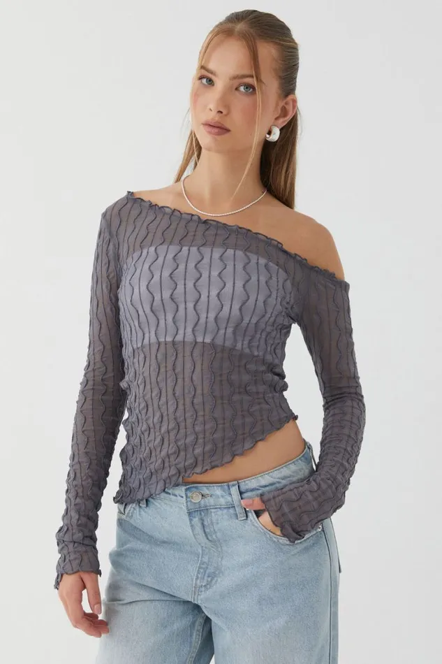 Clothing Supr Long Sleeve Tops Alicia One Shoulder Long Sleeve Top Iron Grey