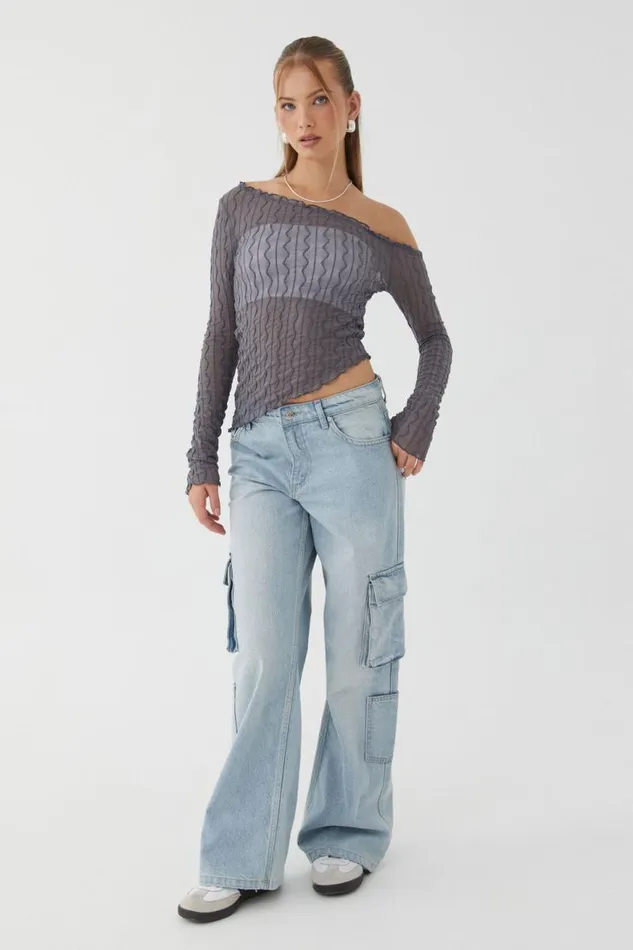 Clothing Supr Long Sleeve Tops Alicia One Shoulder Long Sleeve Top Iron Grey