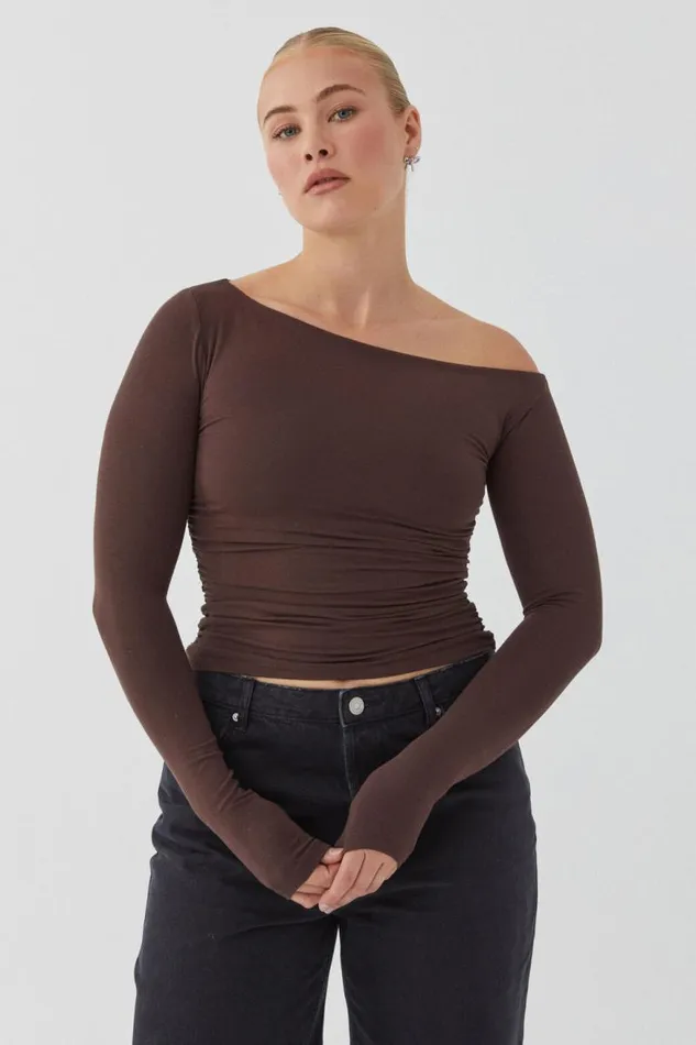 Clothing Supr Long Sleeve Tops Soft Long Sleeve Off Shoulder Top Espresso Brown