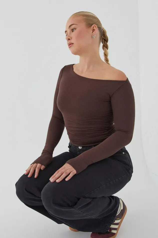 Clothing Supr Long Sleeve Tops Soft Long Sleeve Off Shoulder Top Espresso Brown