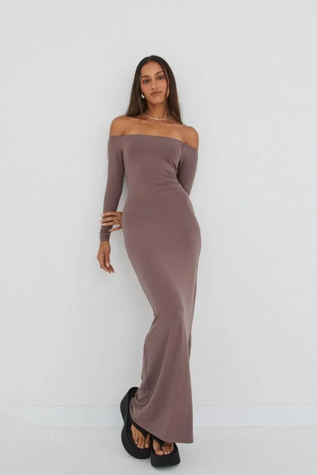 Clothing Supr Maxi Dresses Soft Off The Shoulder Maxi Dress Brown Carob