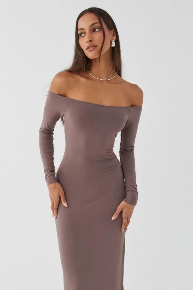 Clothing Supr Maxi Dresses Soft Off The Shoulder Maxi Dress Brown Carob