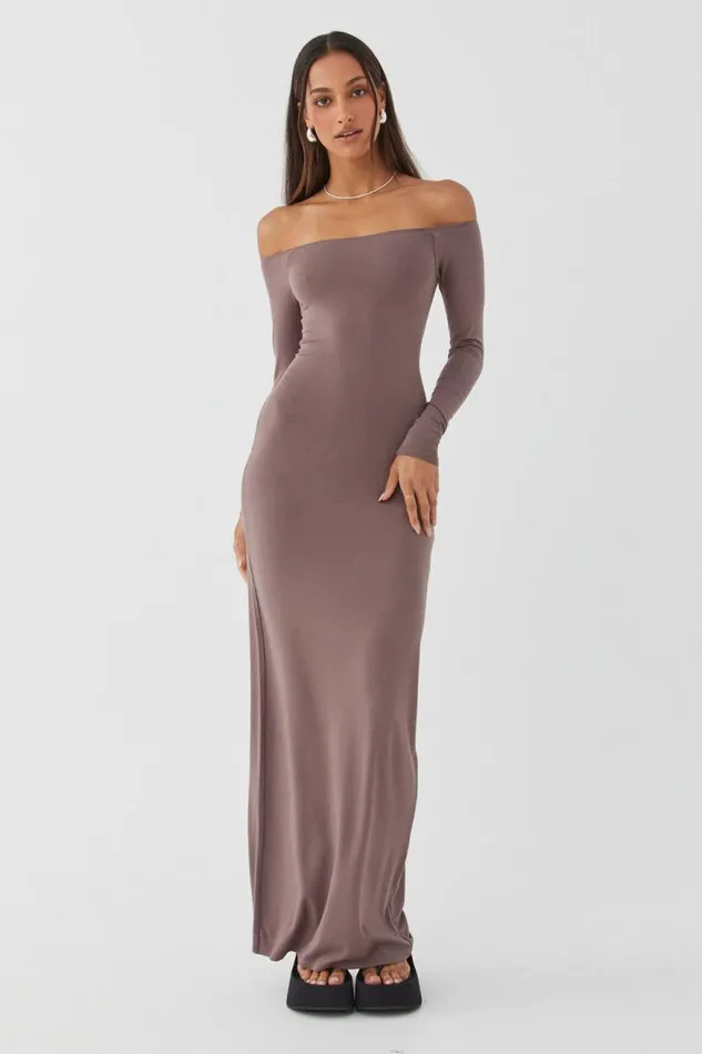 Clothing Supr Maxi Dresses Soft Off The Shoulder Maxi Dress Brown Carob