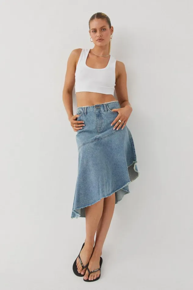 Clothing Supr Skirts Asymmetrical Denim Midi Skirt Byron Blue
