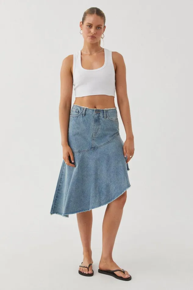 Clothing Supr Skirts Asymmetrical Denim Midi Skirt Byron Blue