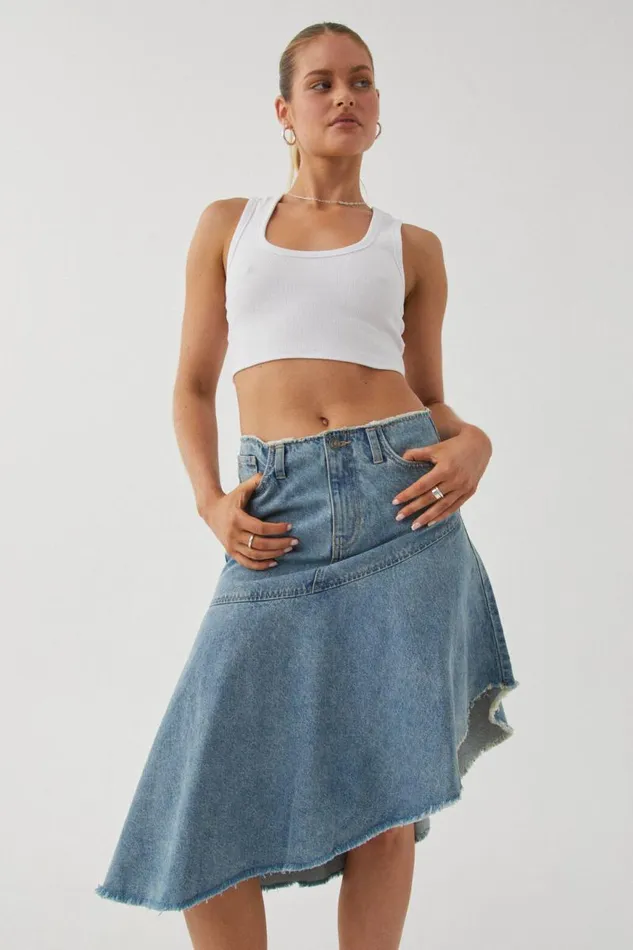 Clothing Supr Skirts Asymmetrical Denim Midi Skirt Byron Blue