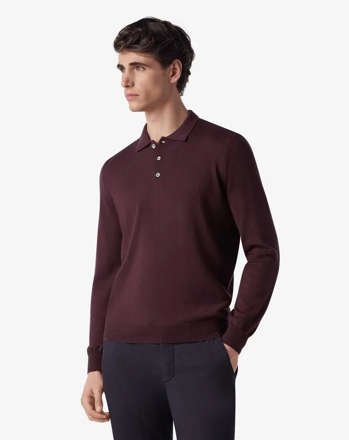 Corneliani Polos and TShirts Purple Extra Fine Merino Wool Buttonup Polo Shirt For Men 8211 Men