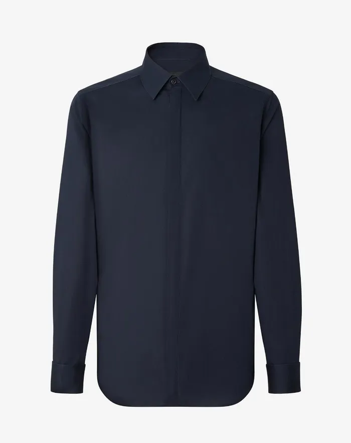 Corneliani Shirts Navy Blue Cotton Poplin Evening Shirt 8211 Men