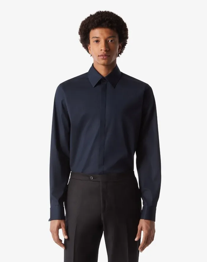 Corneliani Shirts Navy Blue Cotton Poplin Evening Shirt 8211 Men
