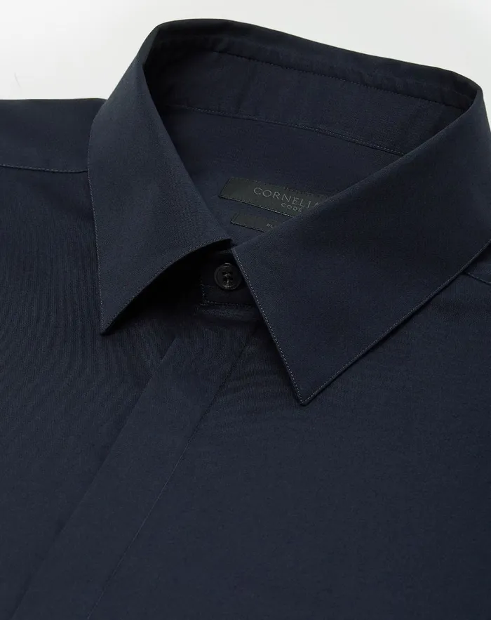 Corneliani Shirts Navy Blue Cotton Poplin Evening Shirt 8211 Men