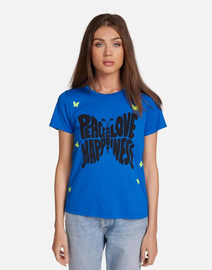 Croft Neon Peace Love Butterflies Vibrant Blue Women039s Lauren Moshi Short Sleeve