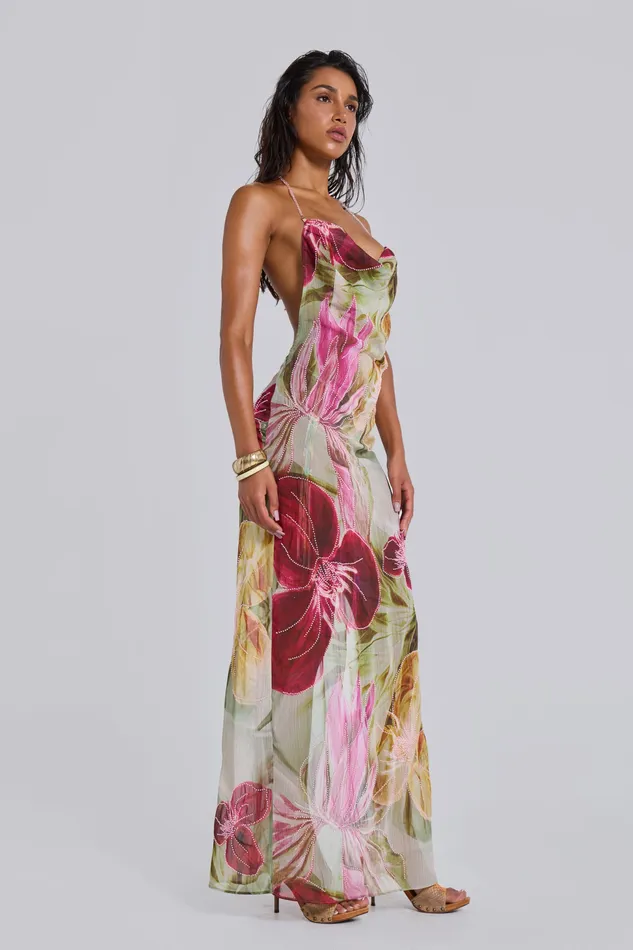 Dahlia HandBeaded Backless Chiffon Maxi Dress Tops Jaded London Women