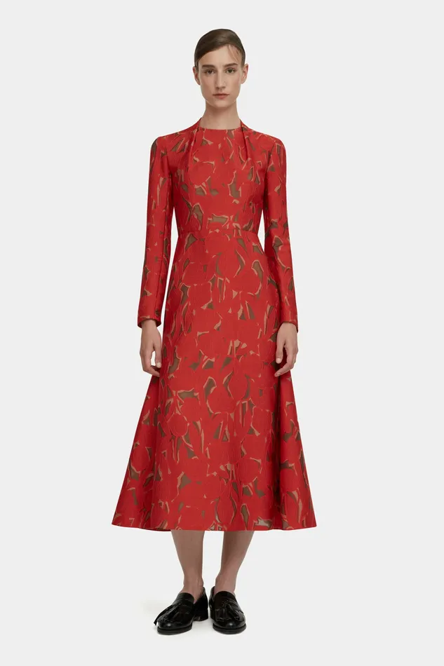 Dresses Seneca Dress in Red and Beige Embellished Wool Emilia Wickstead Women