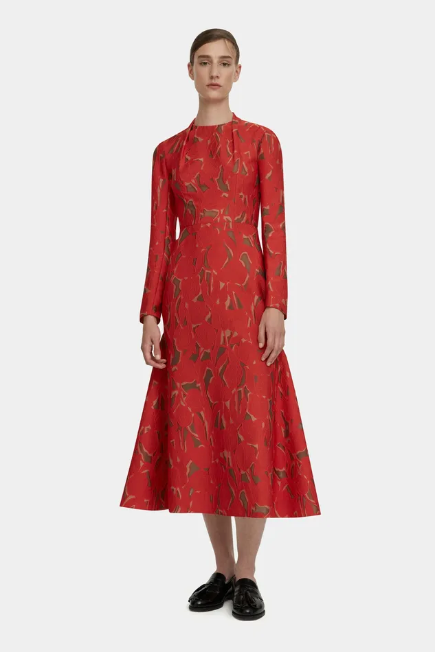 Dresses Seneca Dress in Red and Beige Embellished Wool Emilia Wickstead Women