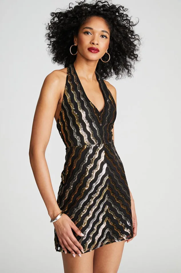 Dresses Women Halston Nidya Dress In Wavy Sequin Gold And Silver